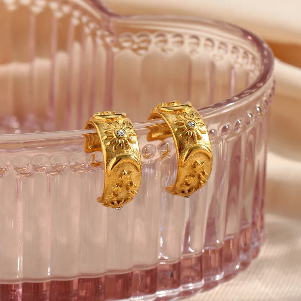 Retro Sun Hoop Earrings Gold