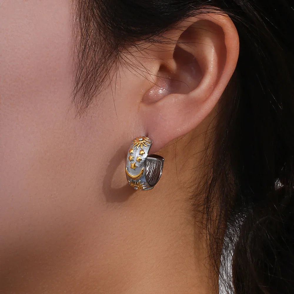 Retro Sun Hoop Earrings Silver