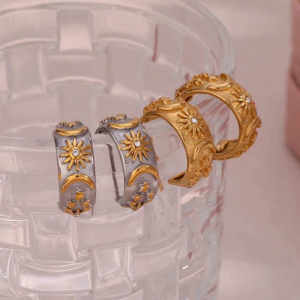 Retro Sun Hoop Earrings Silver