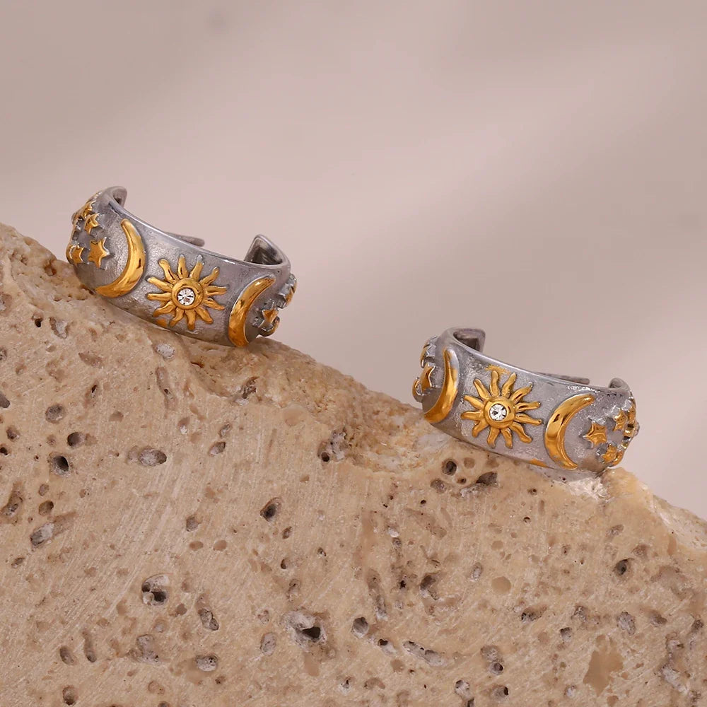 Retro Sun Hoop Earrings Silver