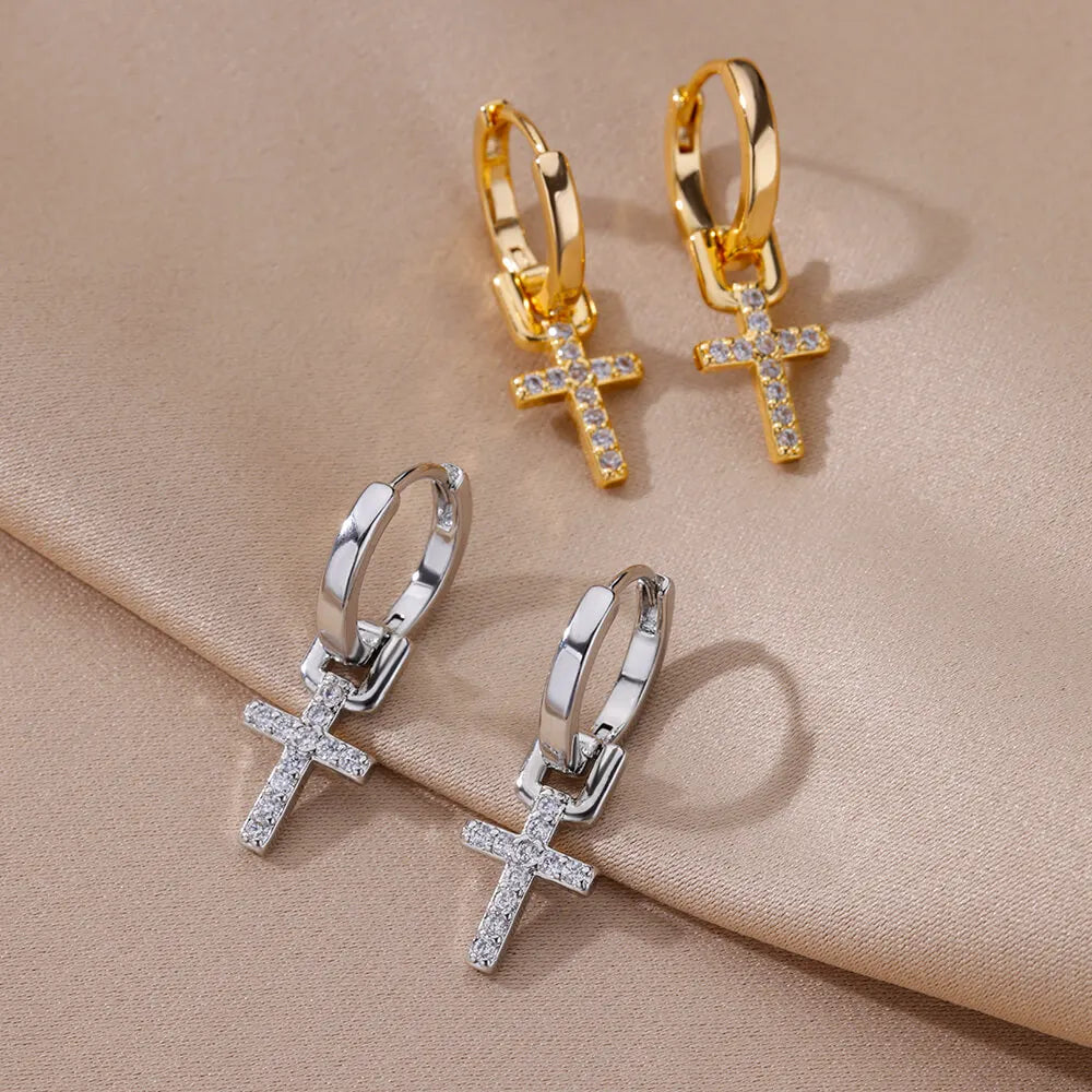 Women's Cross Hoop Earrings silver