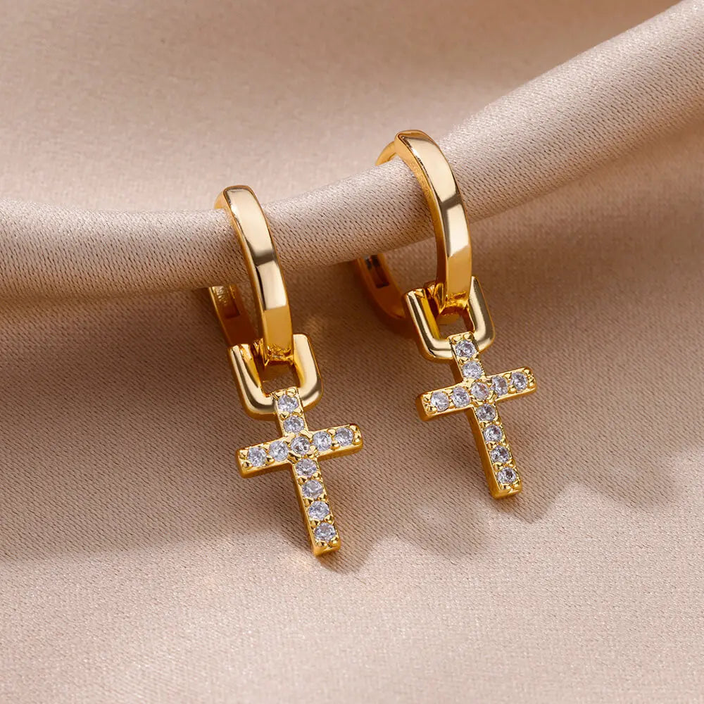 Women's Cross Hoop Earrings gold