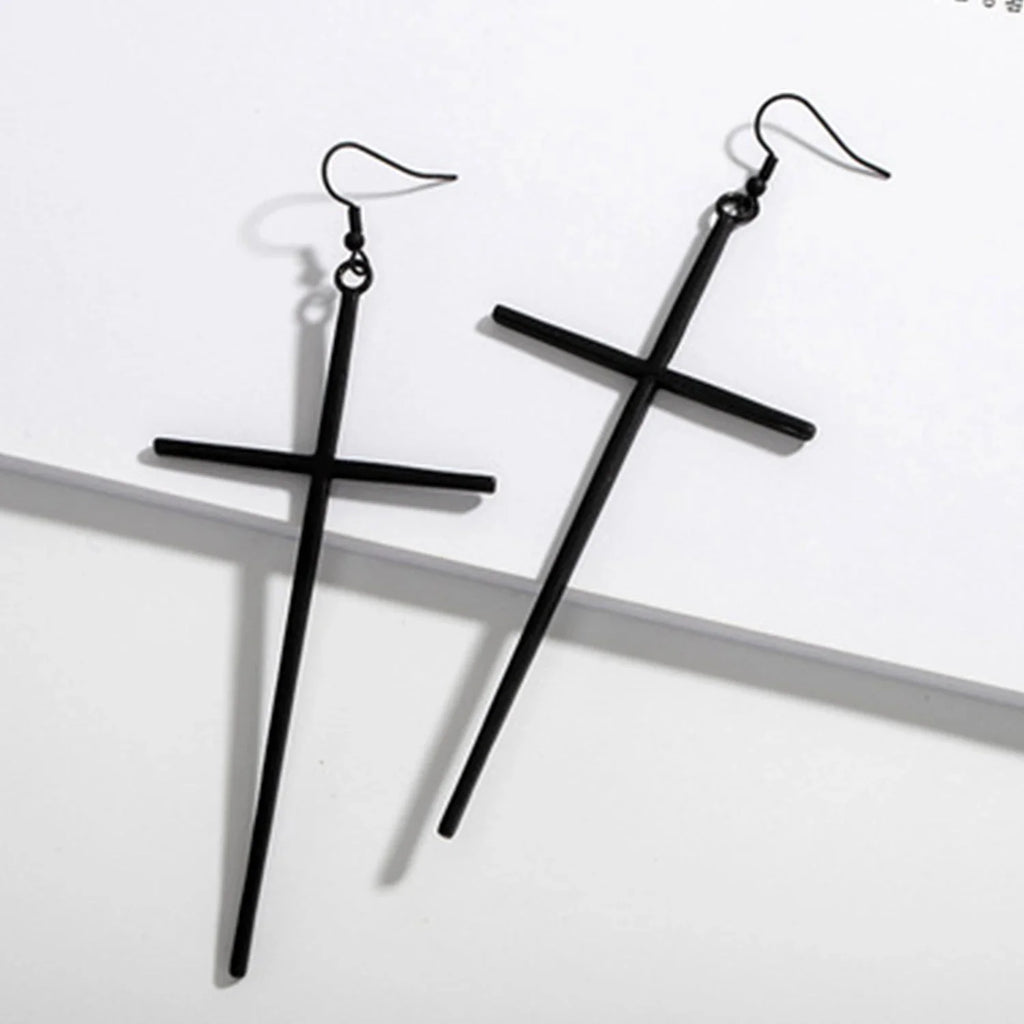 Long Cross Earrings Black
