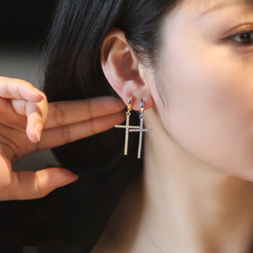 Zircon Cross Hoop Earrings