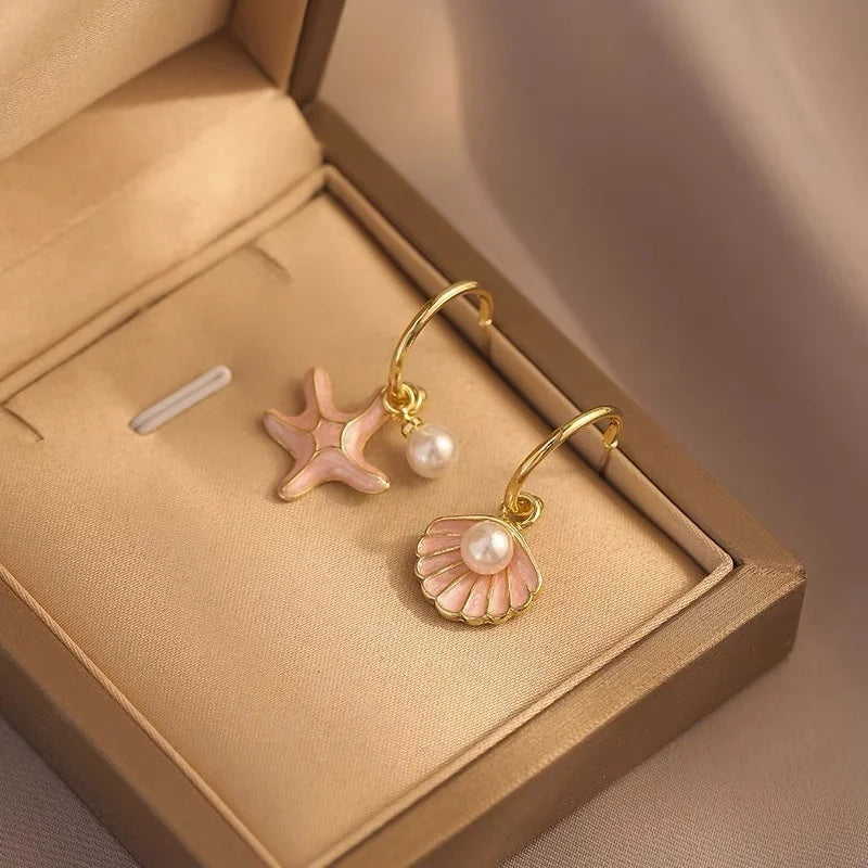 Shell and Pink Pearl Enamel Earrings