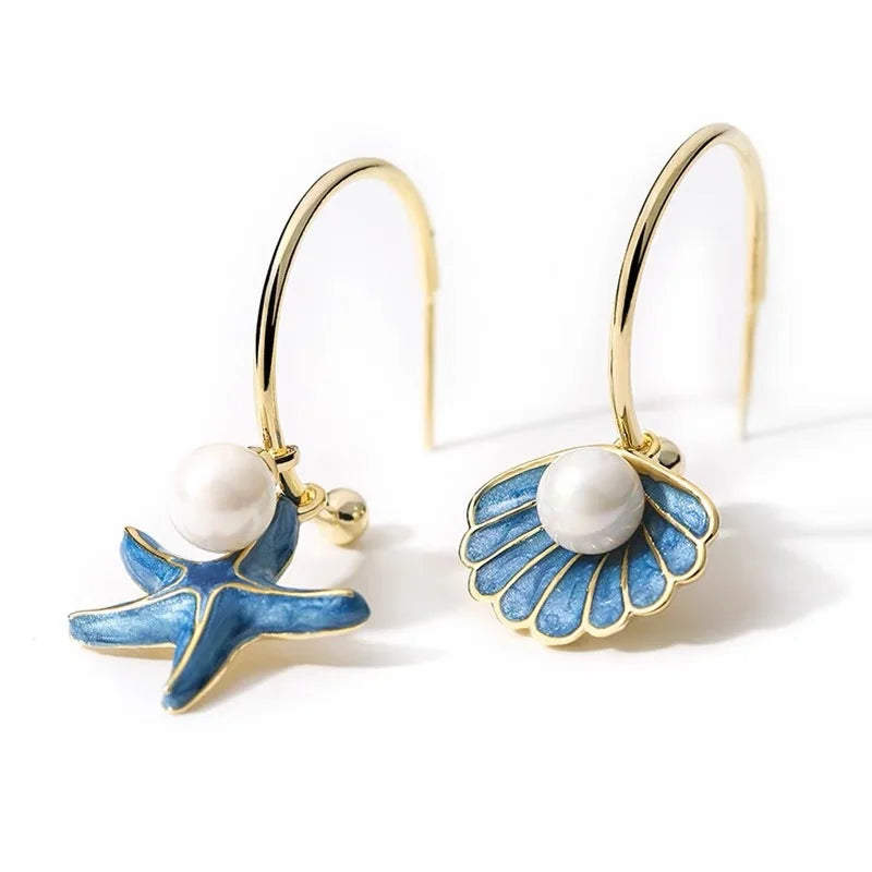 Shell and Blue Pearl Enamel Earrings