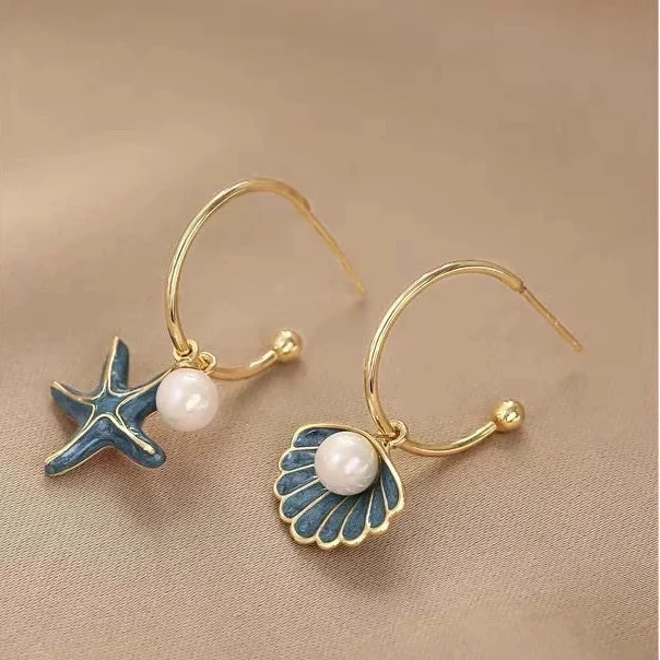 Shell and Blue Pearl Enamel Earrings