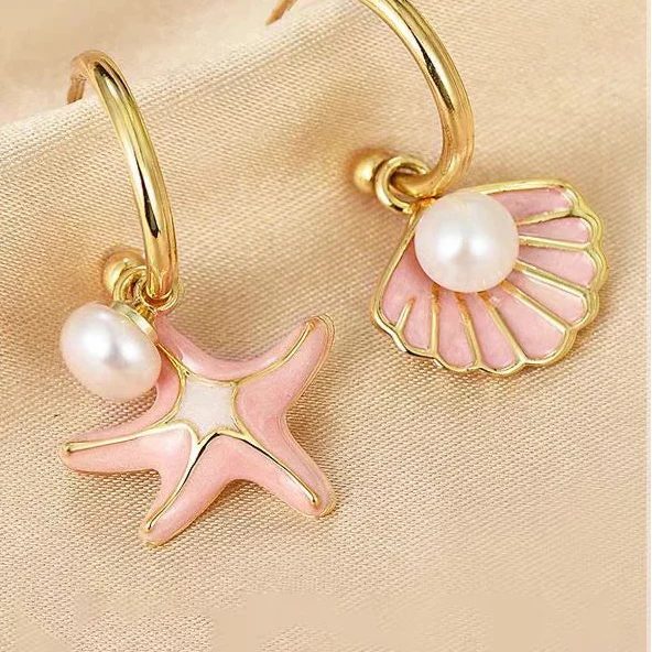 Shell and Pink Pearl Enamel Earrings