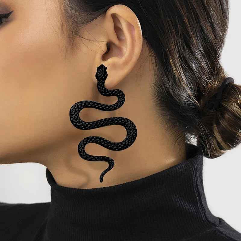 Long Snake Drop Earrings Black