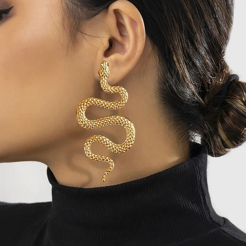 Long Snake Drop Earrings Gold