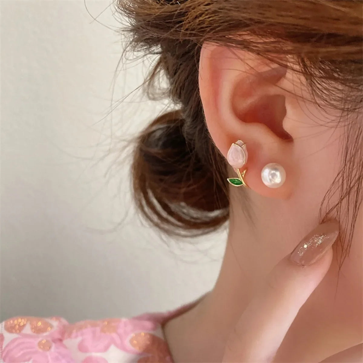 Tulip Flower and Pink Pearl Drop Earrings