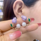 Tulip Flower and Purple Pearl Drop Earrings