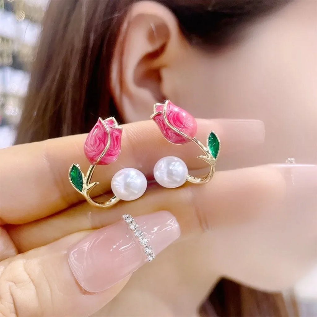 Tulip Flower and Red Pearl Drop Earrings