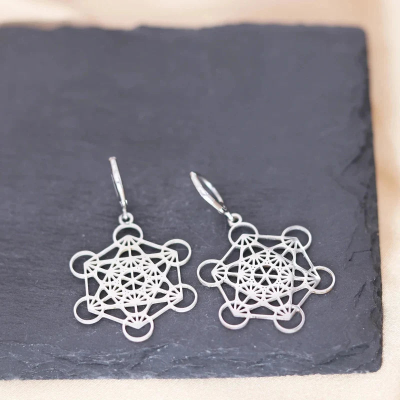 Silver-Plated Metatron's Cube Drop Earrings