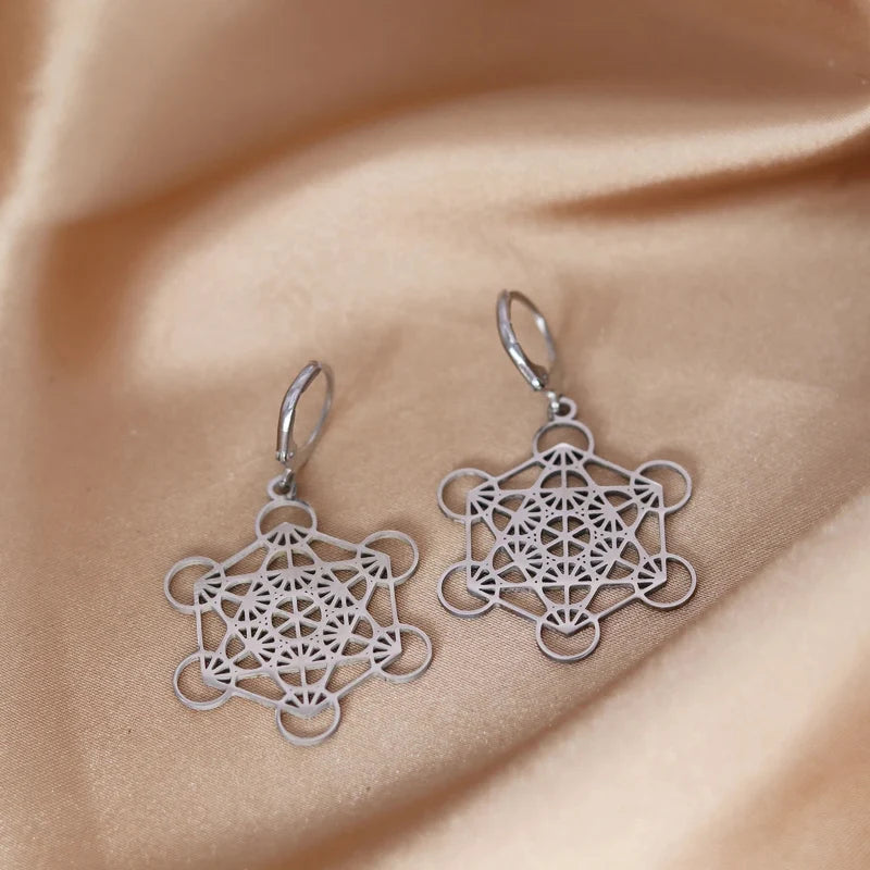 Silver-Plated Metatron's Cube Drop Earrings