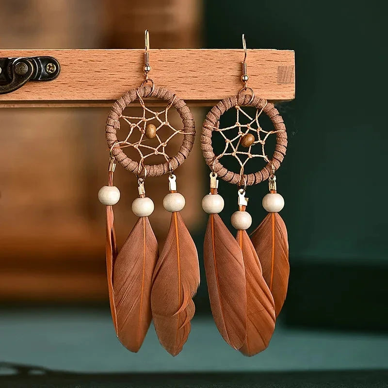 Brown Dreamcatcher and Feather Dangle Earrings
