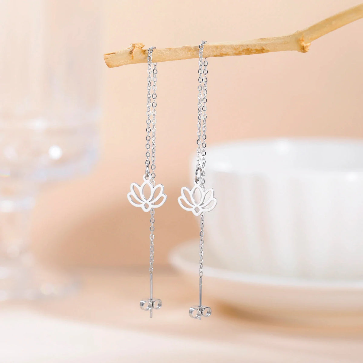 Fine Lotus Flower Drop Earrings in Silver