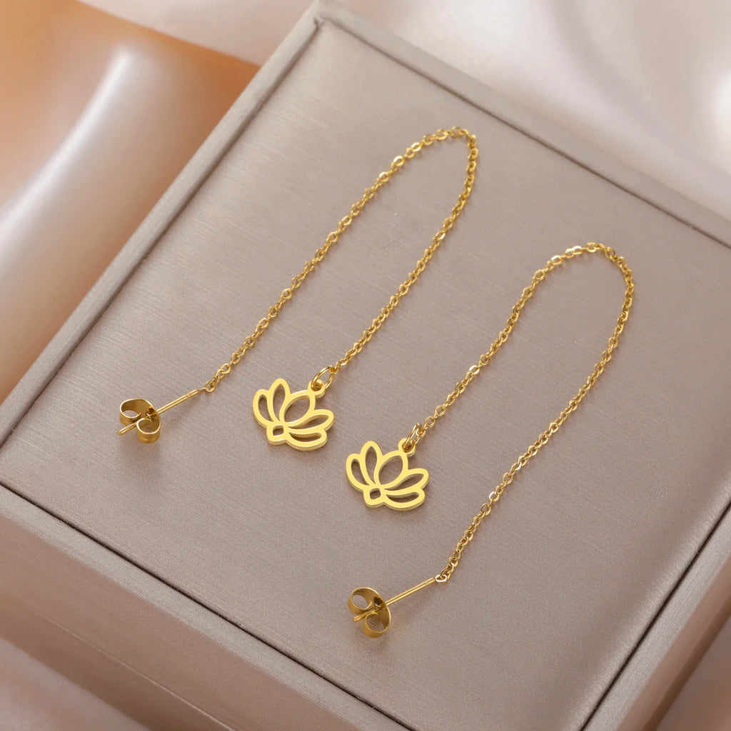 Fine Lotus Flower Drop Earrings in Gold