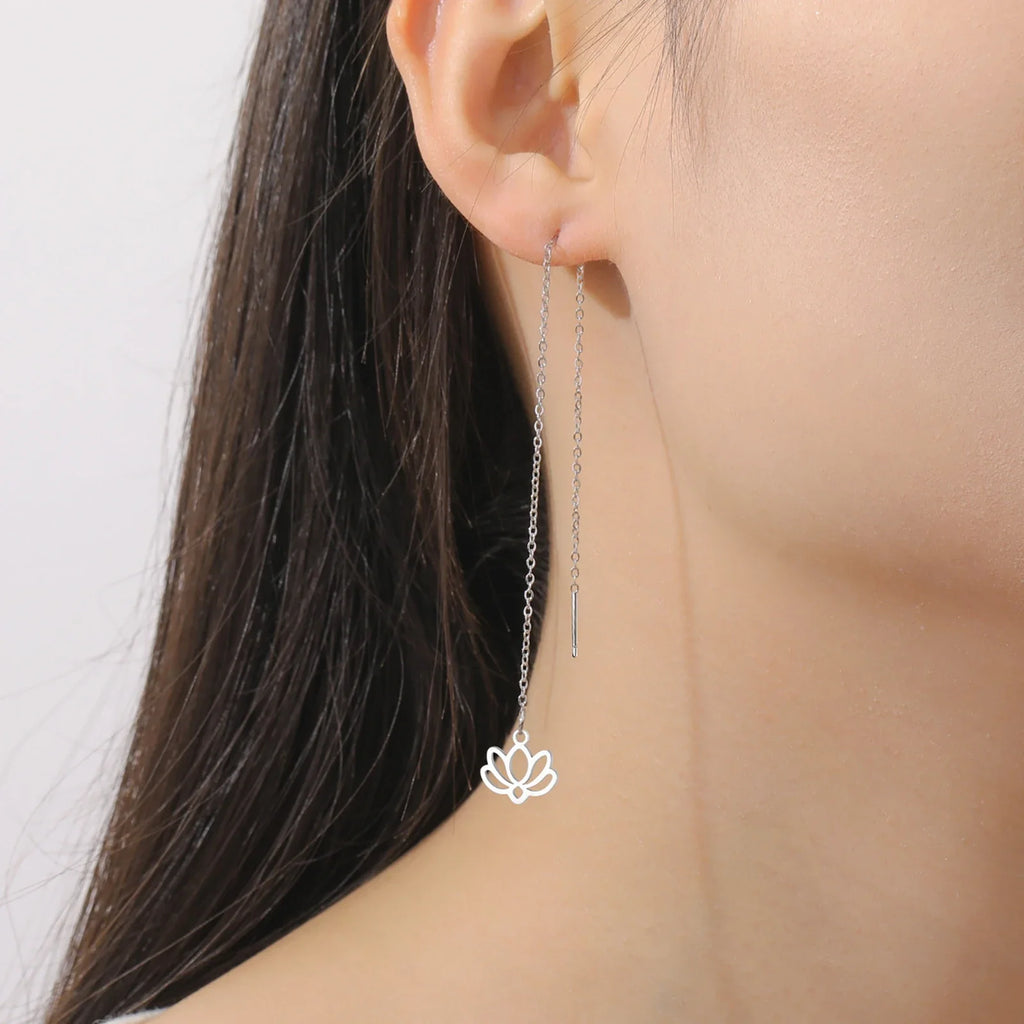 Fine Lotus Flower Drop Earrings in Silver