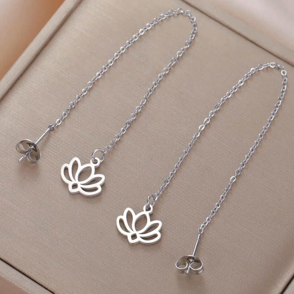 Fine Lotus Flower Drop Earrings in Silver
