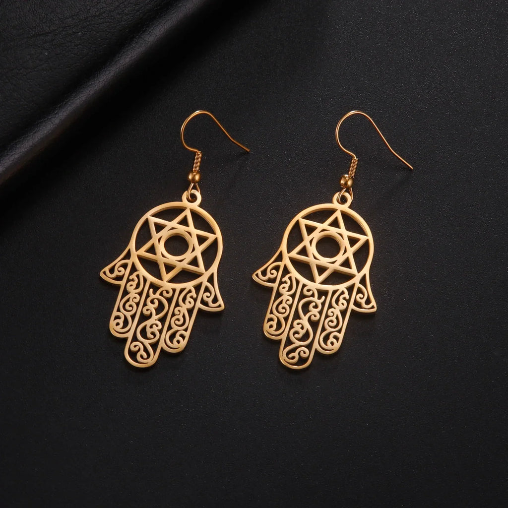 Dangling earrings with the Jewish protective symbol, Hamsa hand and Star of David, gold