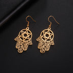 Dangling earrings with the Jewish protective symbol, Hamsa hand and Star of David, gold