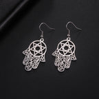 Dangling earrings with the Jewish protective symbol, Hamsa hand and Star of David, silver