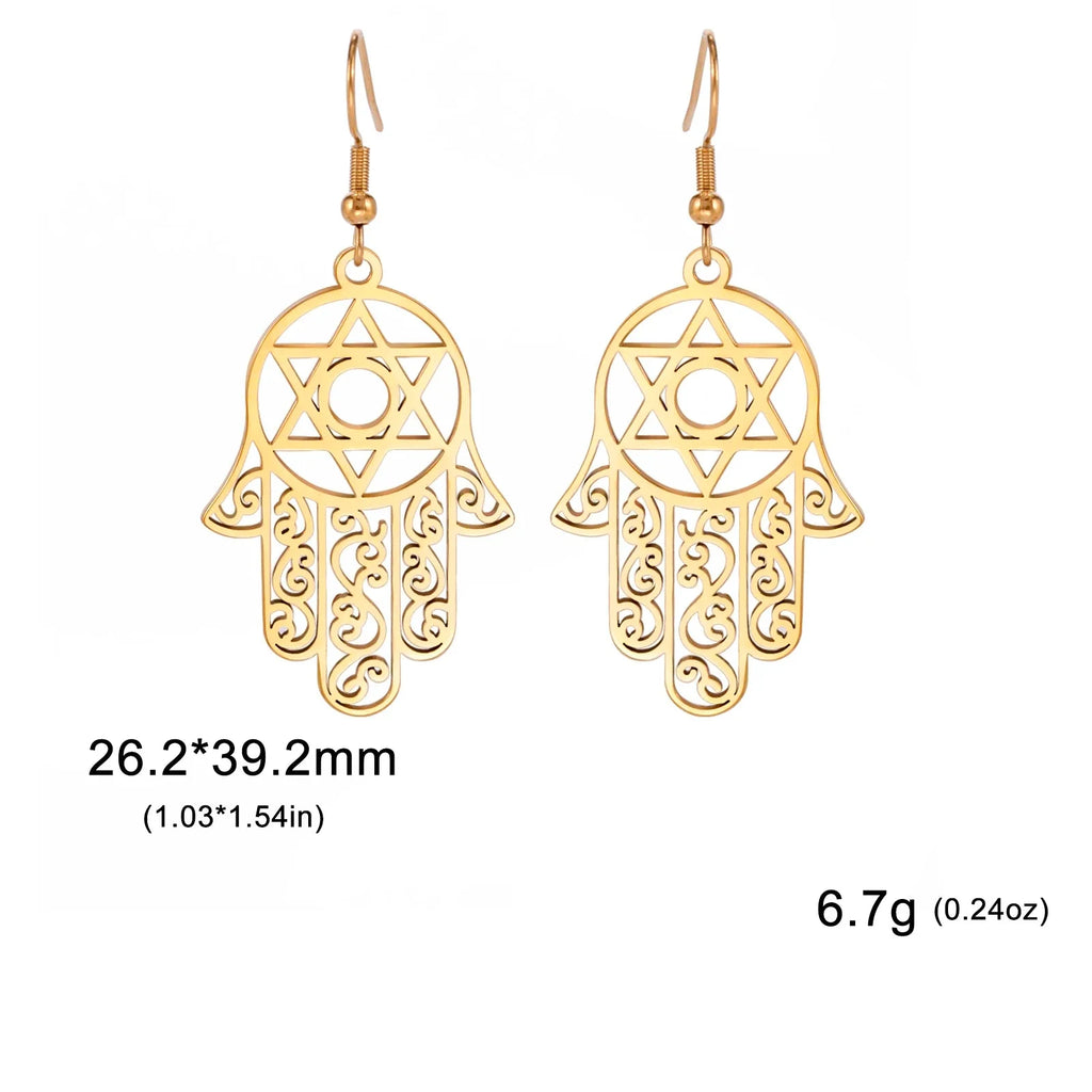Dangling earrings with the Jewish protective symbol, Hamsa hand and Star of David 