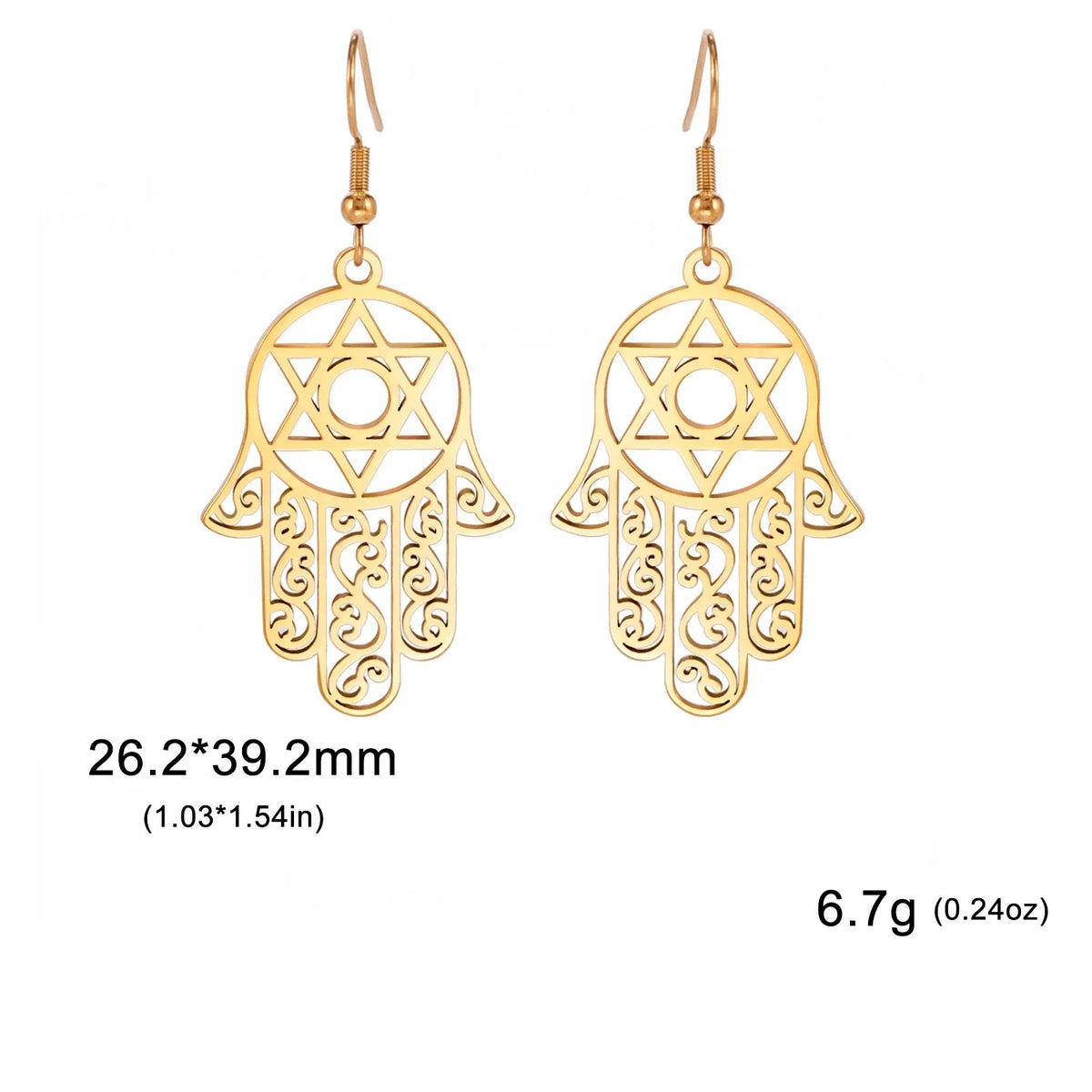 Dangling earrings with the Jewish protective symbol, Hamsa hand and Star of David 