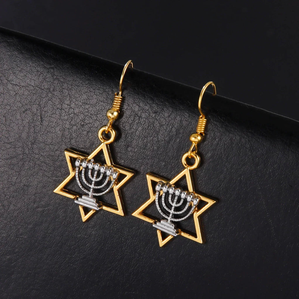 Dangle earrings with Menorah and Star of David Jewish symbols
