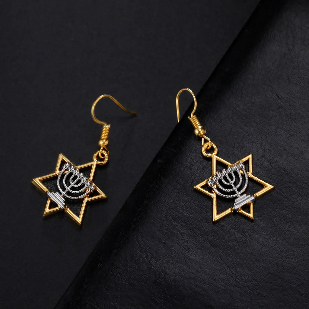 Dangle earrings with Menorah and Star of David Jewish symbols