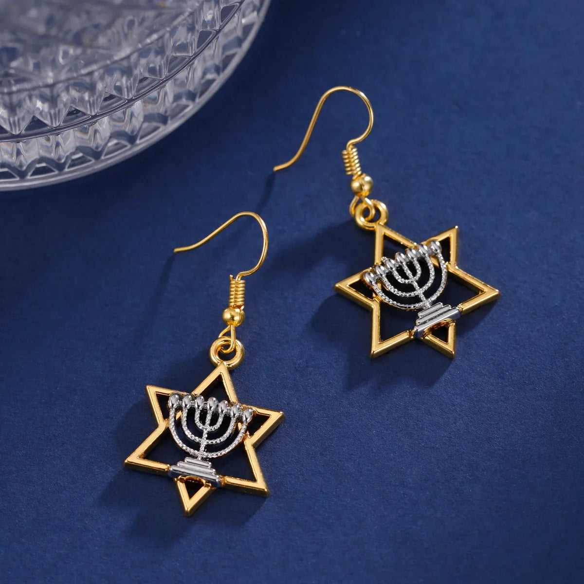 Dangle earrings with Menorah and Star of David Jewish symbols