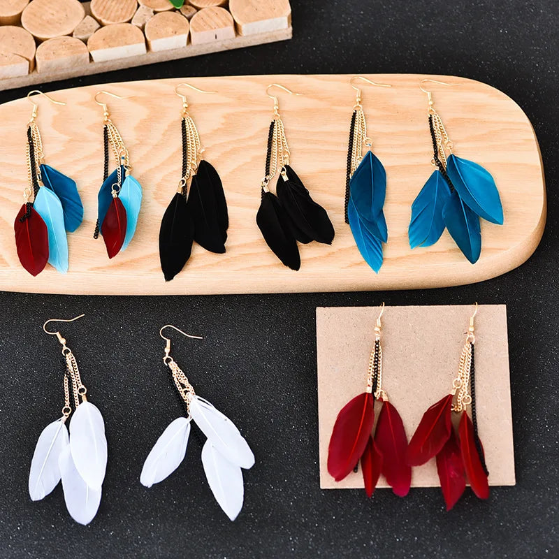 Dangling Earrings with Colorful Feathers