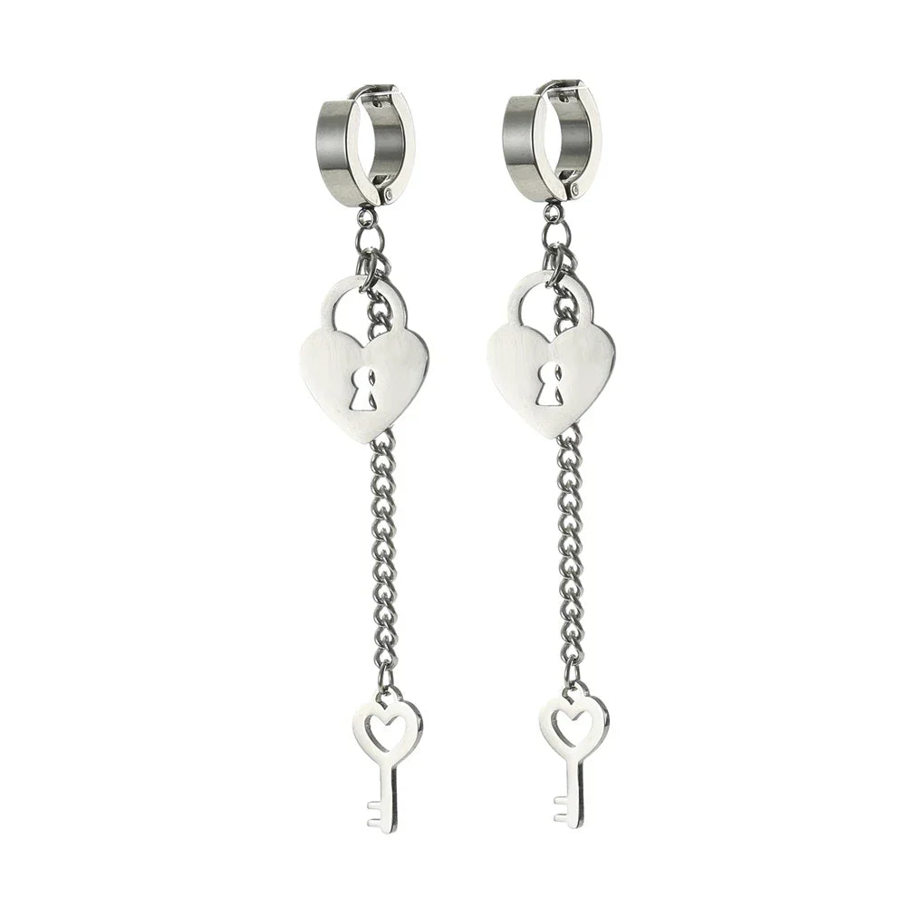 Silver key and lock dangle earrings
