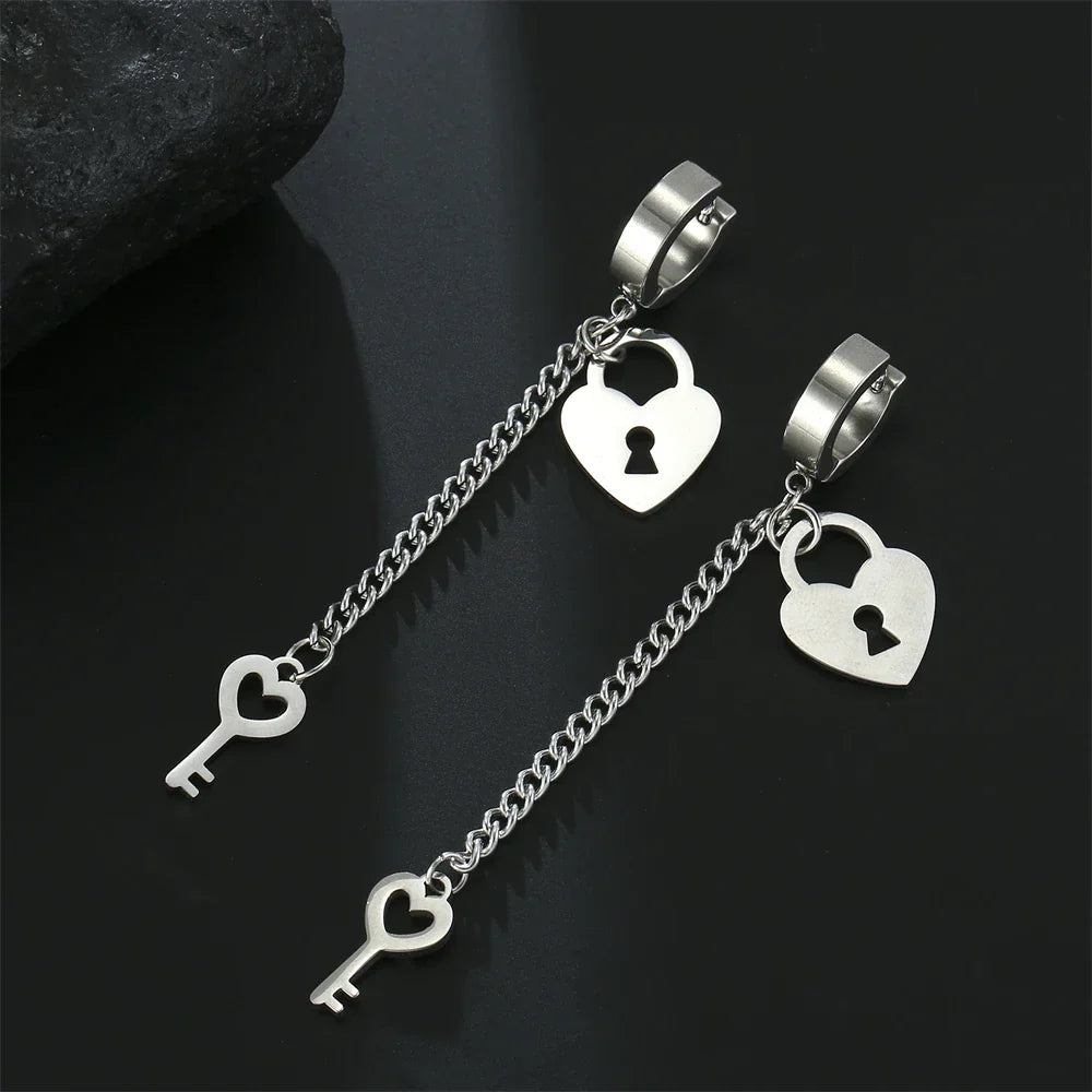 Silver key and lock dangle earrings