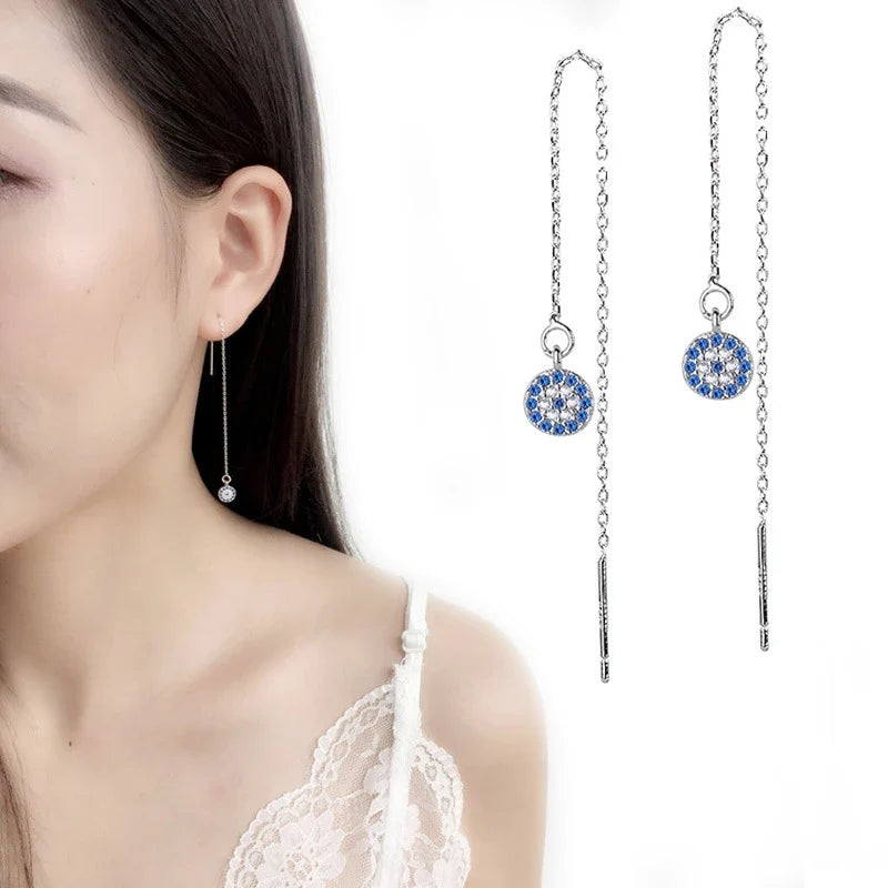 Blue Turkish Crystal Evil Eye Long Drop Earrings