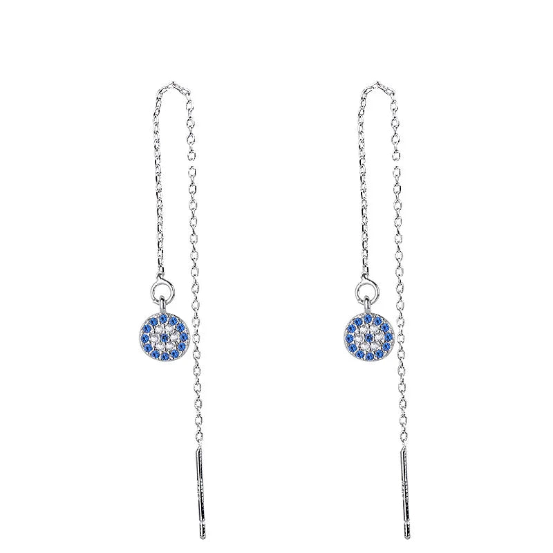 Blue Turkish Crystal Evil Eye Long Drop Earrings