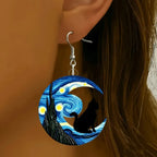 Blue Moon Crescent and Black Cat Dangle Earrings