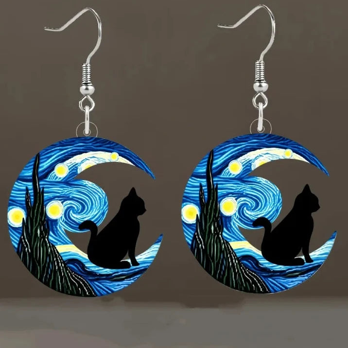 Blue Moon Crescent and Black Cat Dangle Earrings