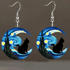 Blue Moon Crescent and Black Cat Dangle Earrings