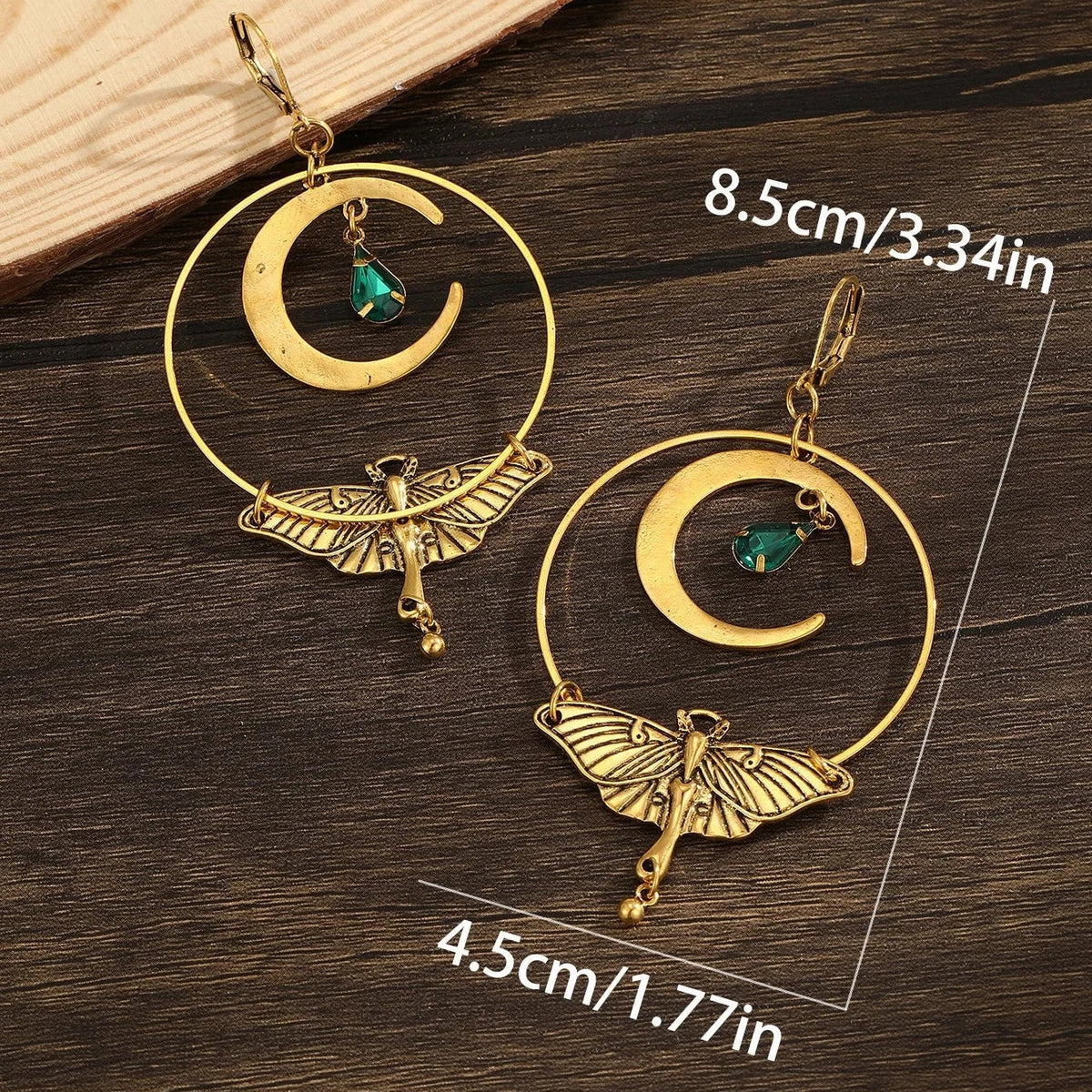 Moon Crescent and Moth Drop Earrings