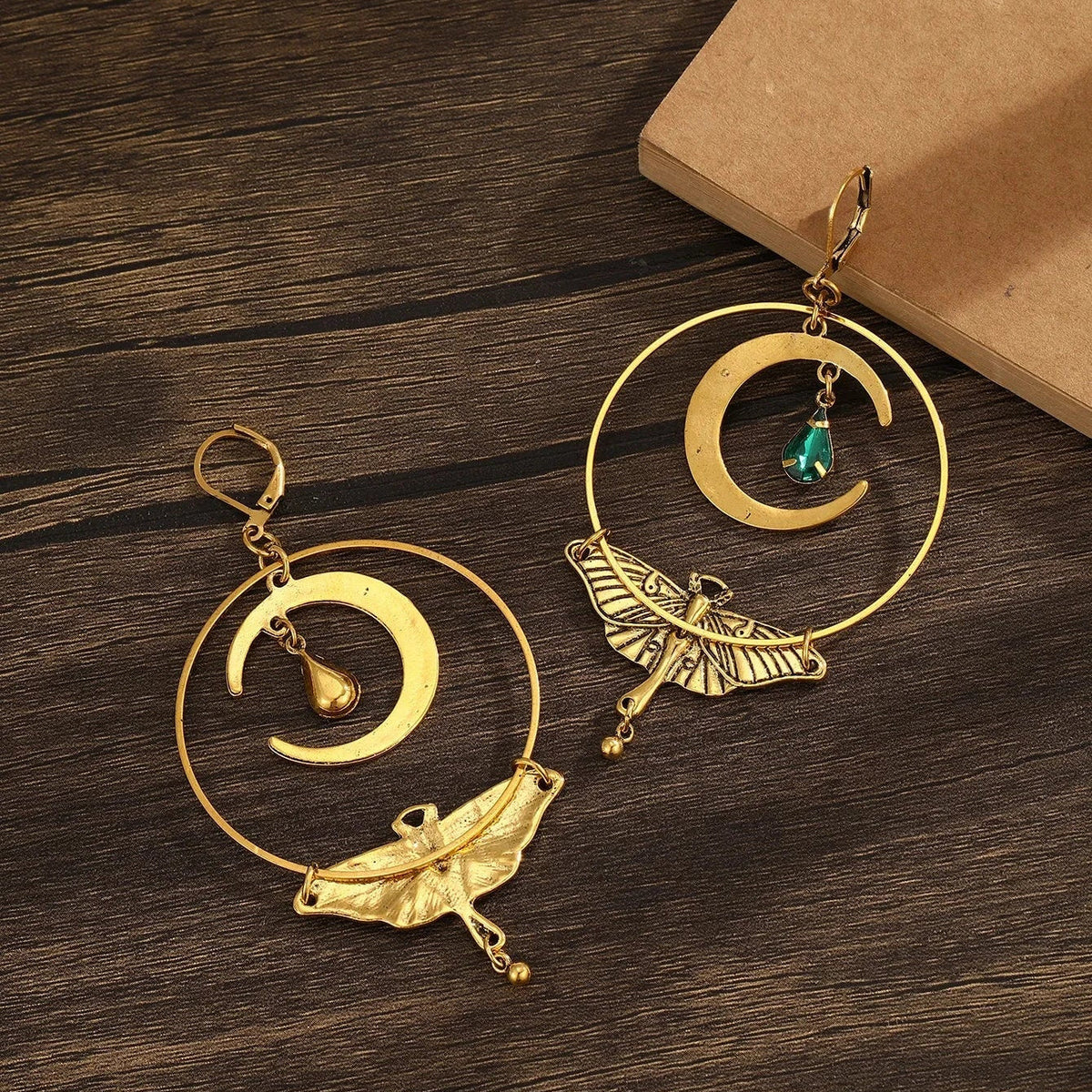 Moon Crescent and Moth Drop Earrings