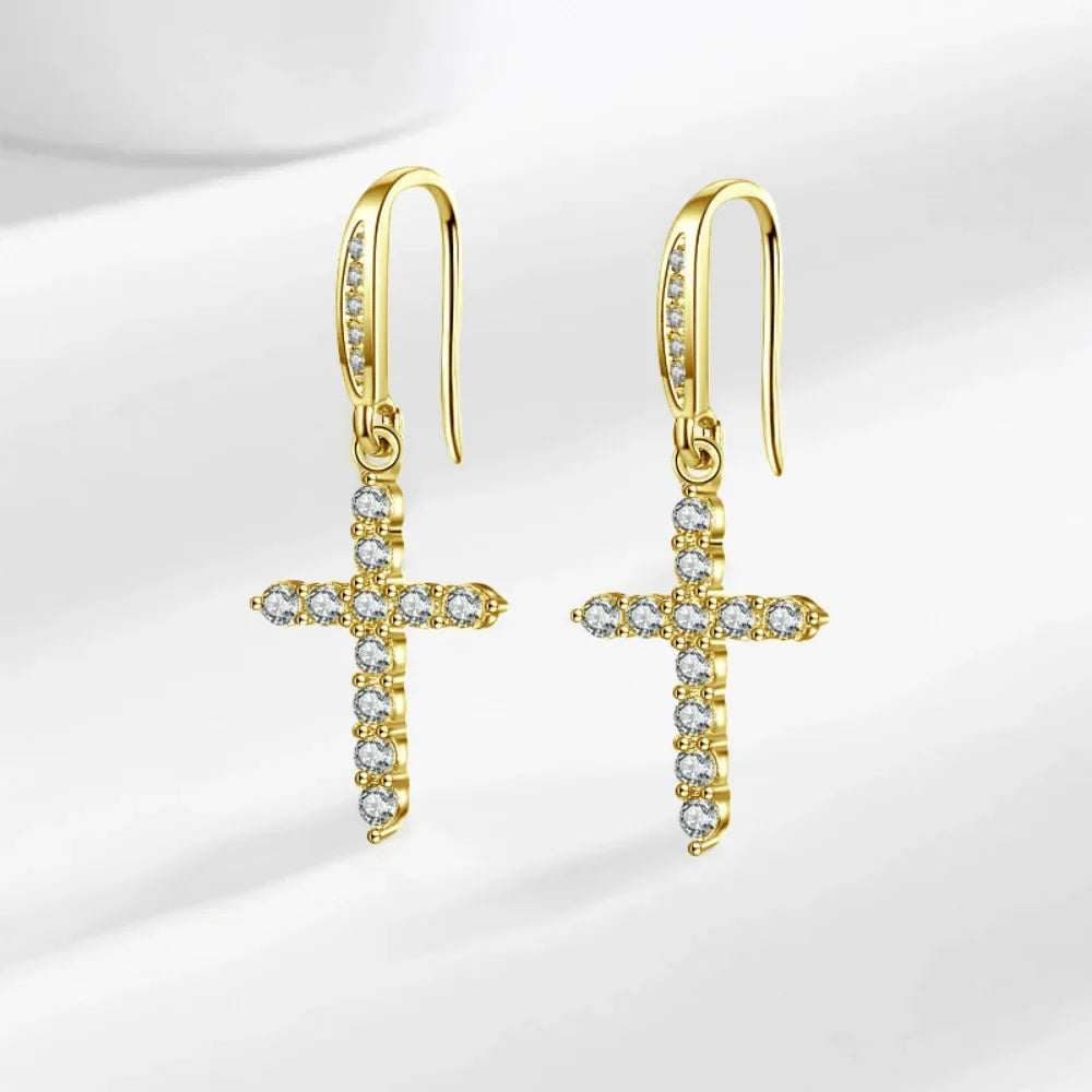 Zircon Cross Dangle Earrings in Gold