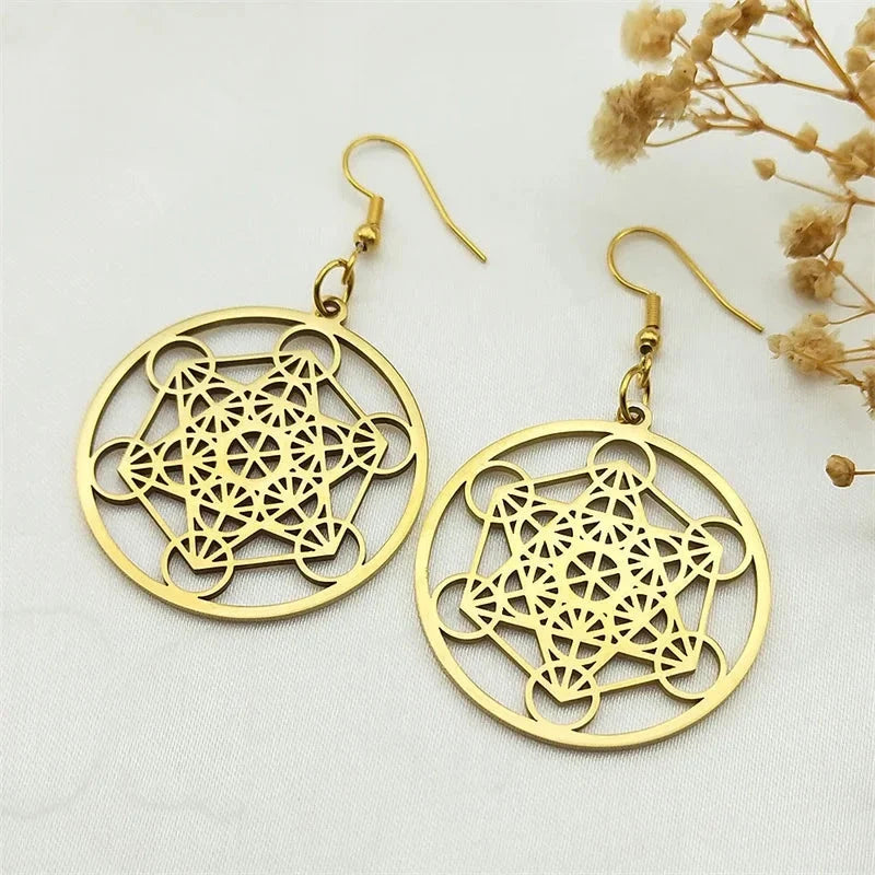 Metatron's Cube Drop Earrings Gold