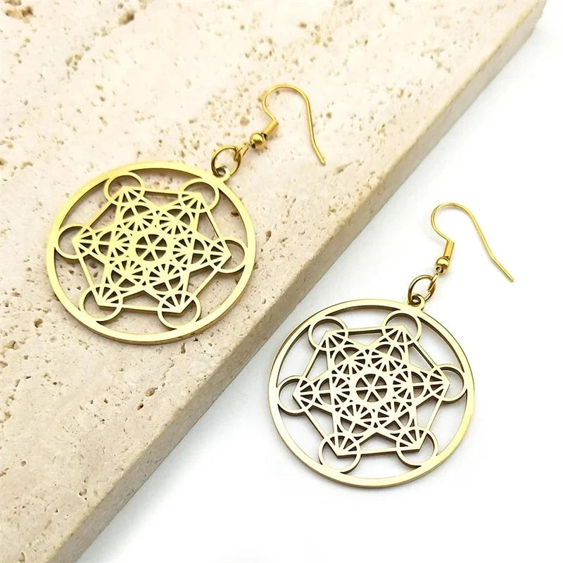 Metatron's Cube Drop Earrings Gold