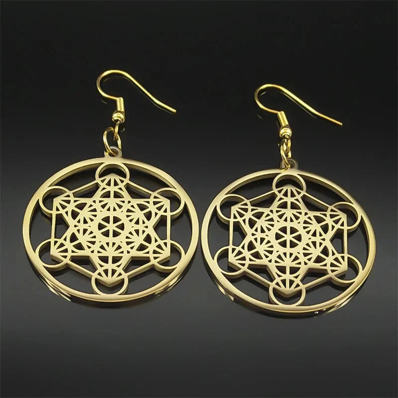 Metatron's Cube Drop Earrings Gold