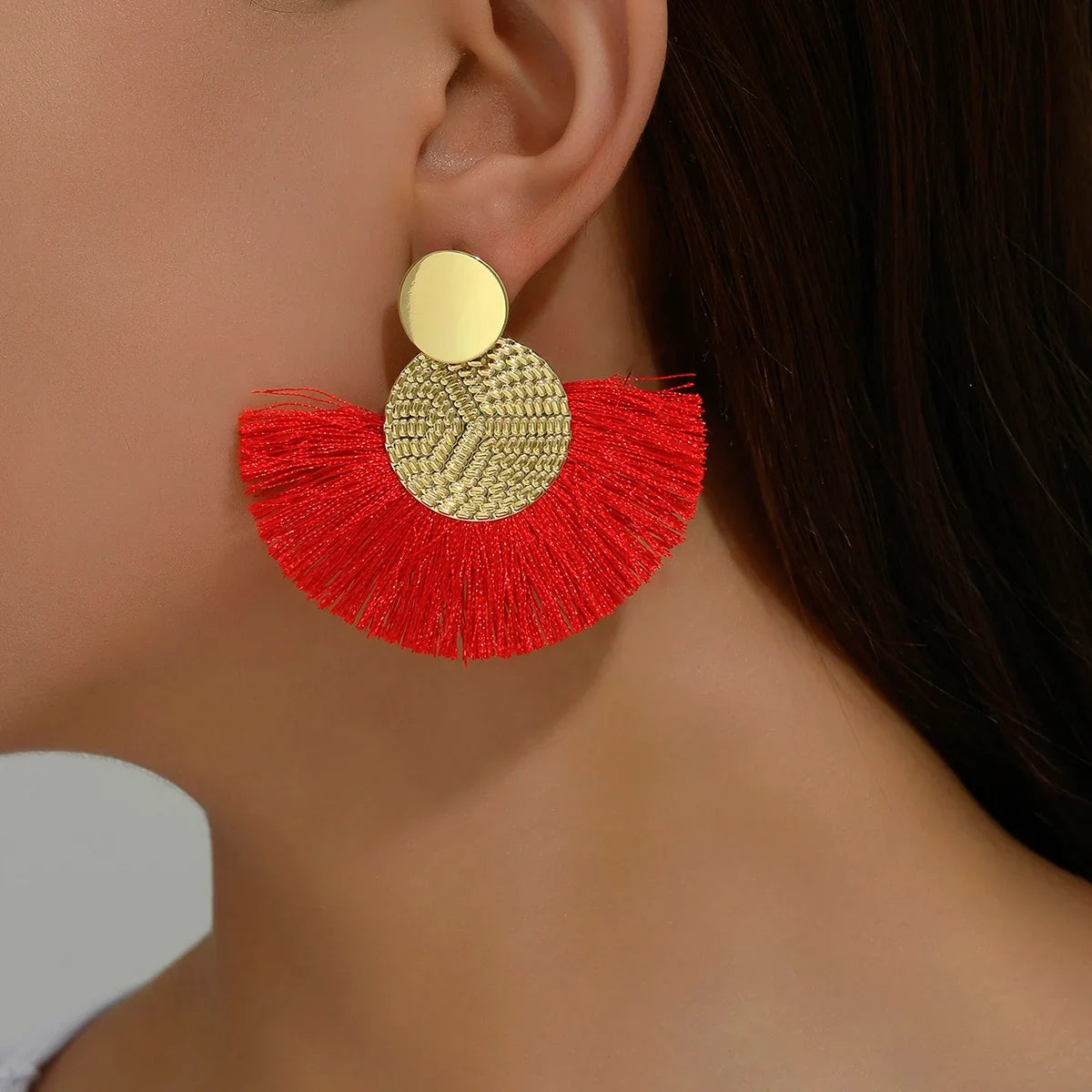 Bohemian Fan-Style Drop Earrings in Red