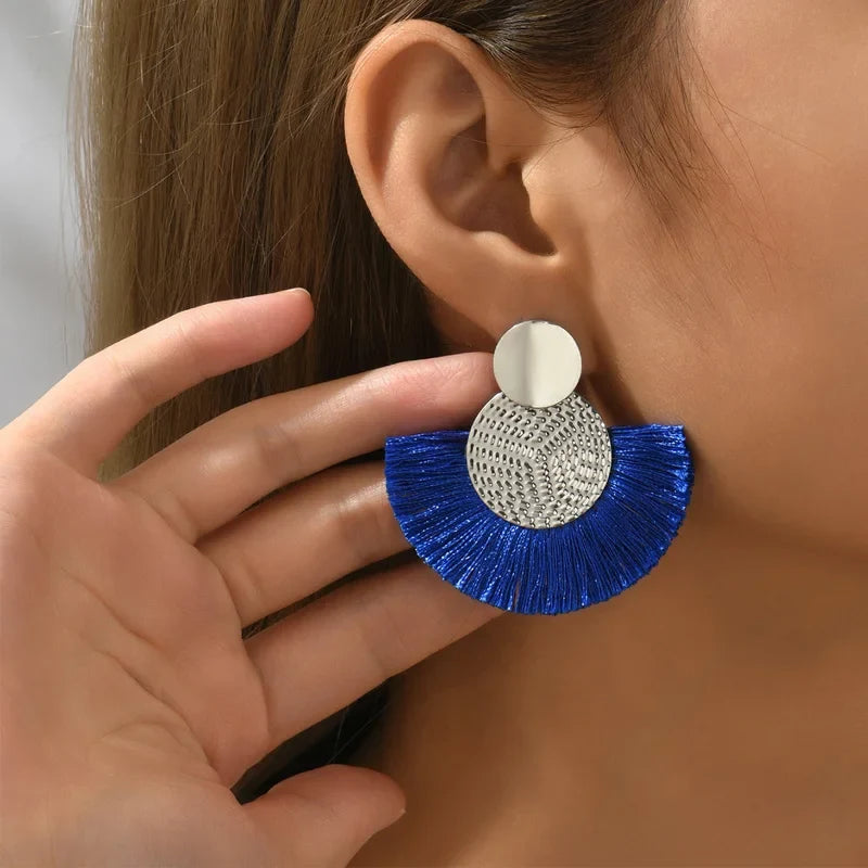 Bohemian Fan-Style Drop Earrings in Blue