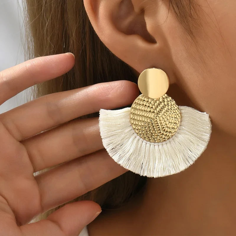 Bohemian Fan-Style Drop Earrings in White