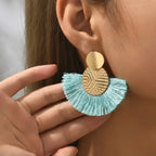 Bohemian Fan-Style Drop Earrings in Light Blue